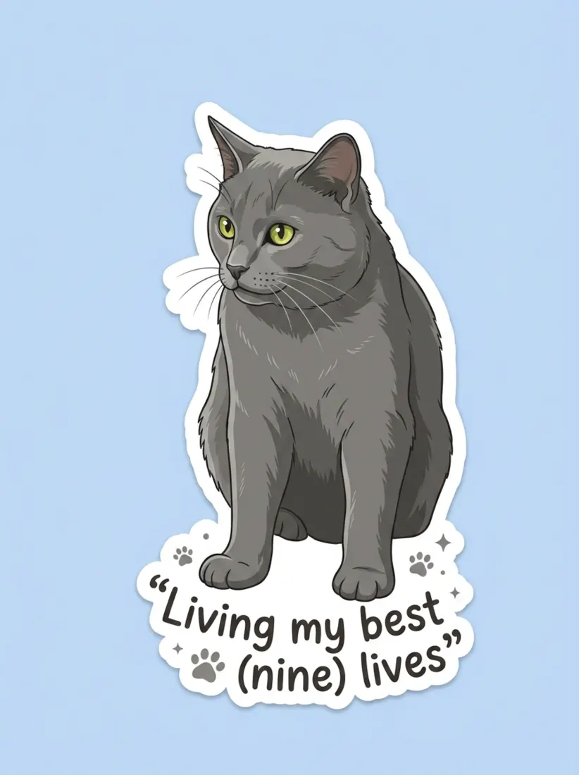 A die-cut sticker of a gray cat reads 'Living my best (nine) lives,' illustrated by the Pet Sticker Generator tool.