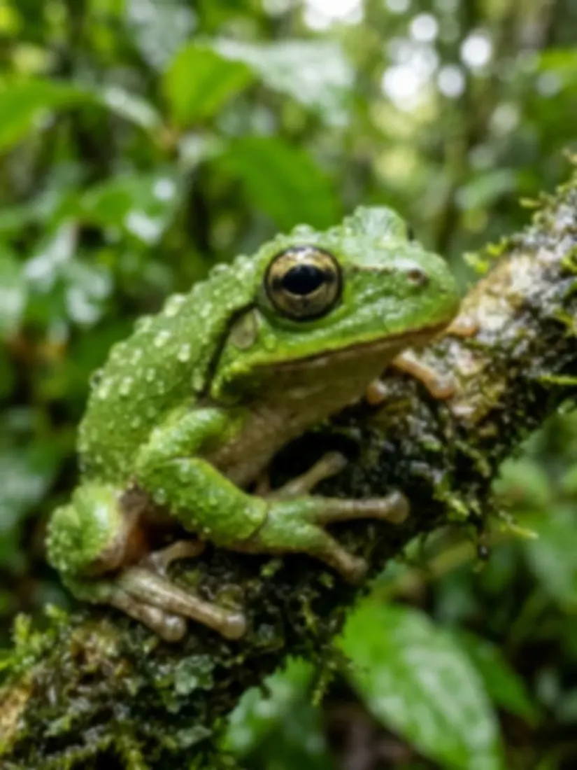 A green tree frog on a mossy branch looks softer and less detailed, before the Photo Enhancer sharpens it.