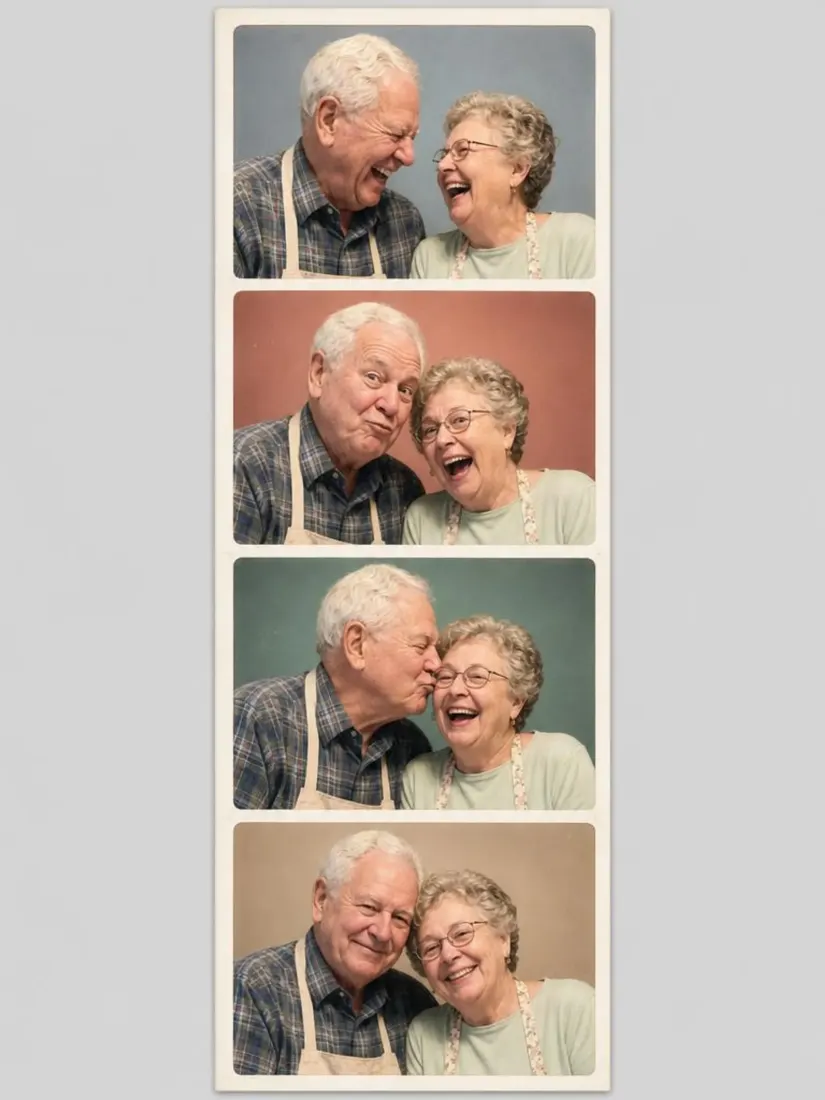 An elderly couple baking together are arranged into a four-frame photobooth strip by the Photobooth Filter tool.