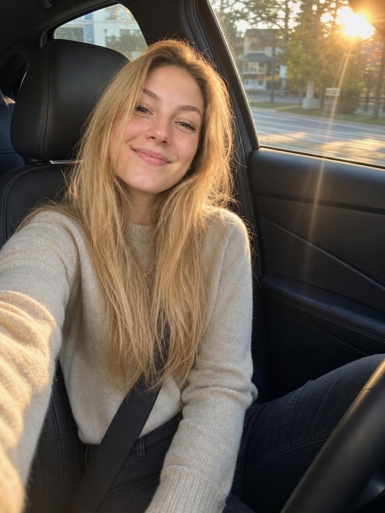 A woman smiles for a sunlit car selfie, a candid shot created by the Selfie Generator tool.