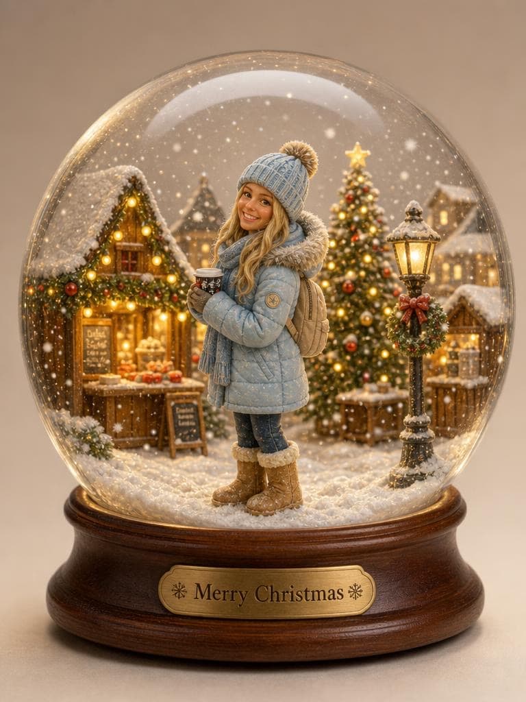 A woman is shrunk into a snow globe scene at a Christmas market, created by the Snow Globe Generator tool.
