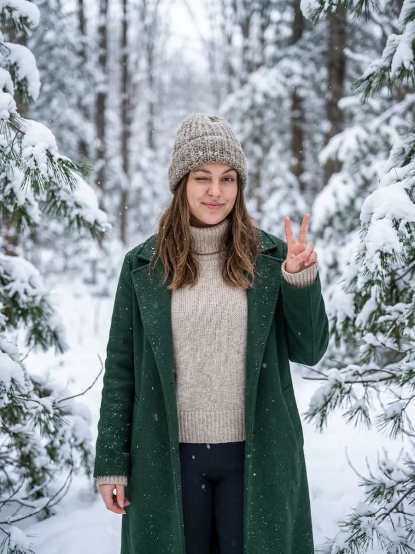 A woman in a green coat gives a peace sign in a snowy forest, a scene created by the Snowy Filter tool.