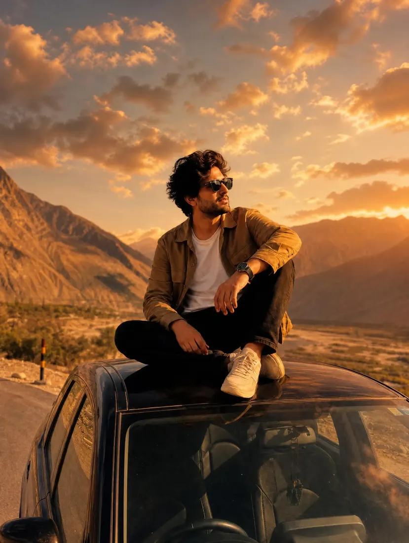 A man sitting on a car rooftop is bathed in warm golden sunset light by the Sunset Glow Filter tool.