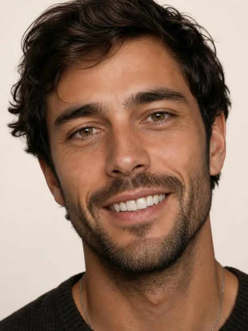A man's smile shows noticeably brighter, straighter teeth after using the AI Teeth Editor tool.