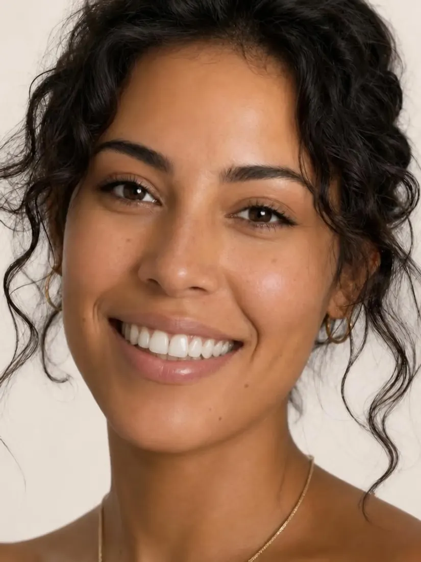 A close-up of a smiling woman with curly dark hair and gold hoops shows bright, even teeth styled by the Teeth Editor tool.