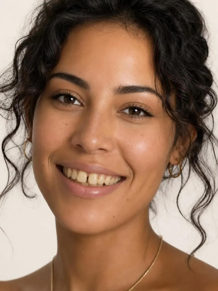 A close-up of a smiling woman with curly dark hair and gold hoops shows uneven, yellowish teeth, before the Teeth Editor improves the smile.