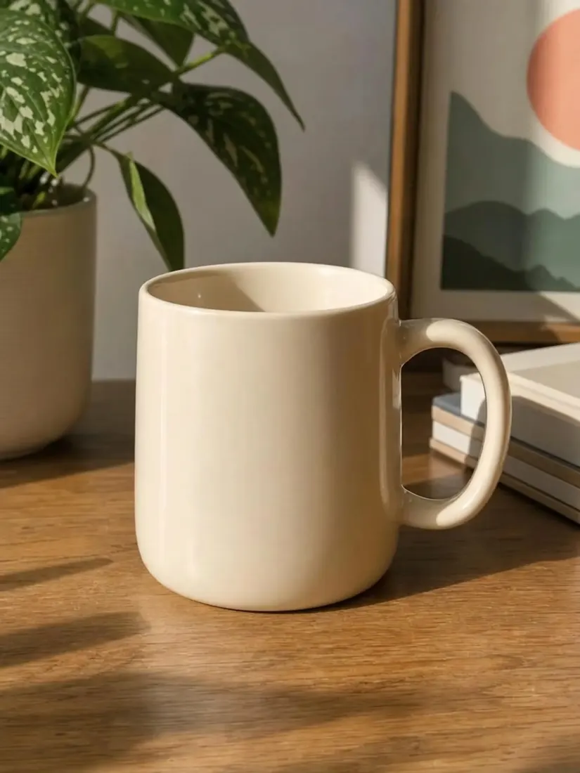 A plain beige coffee mug sits on a table with its printed text erased by the Text Remover tool.