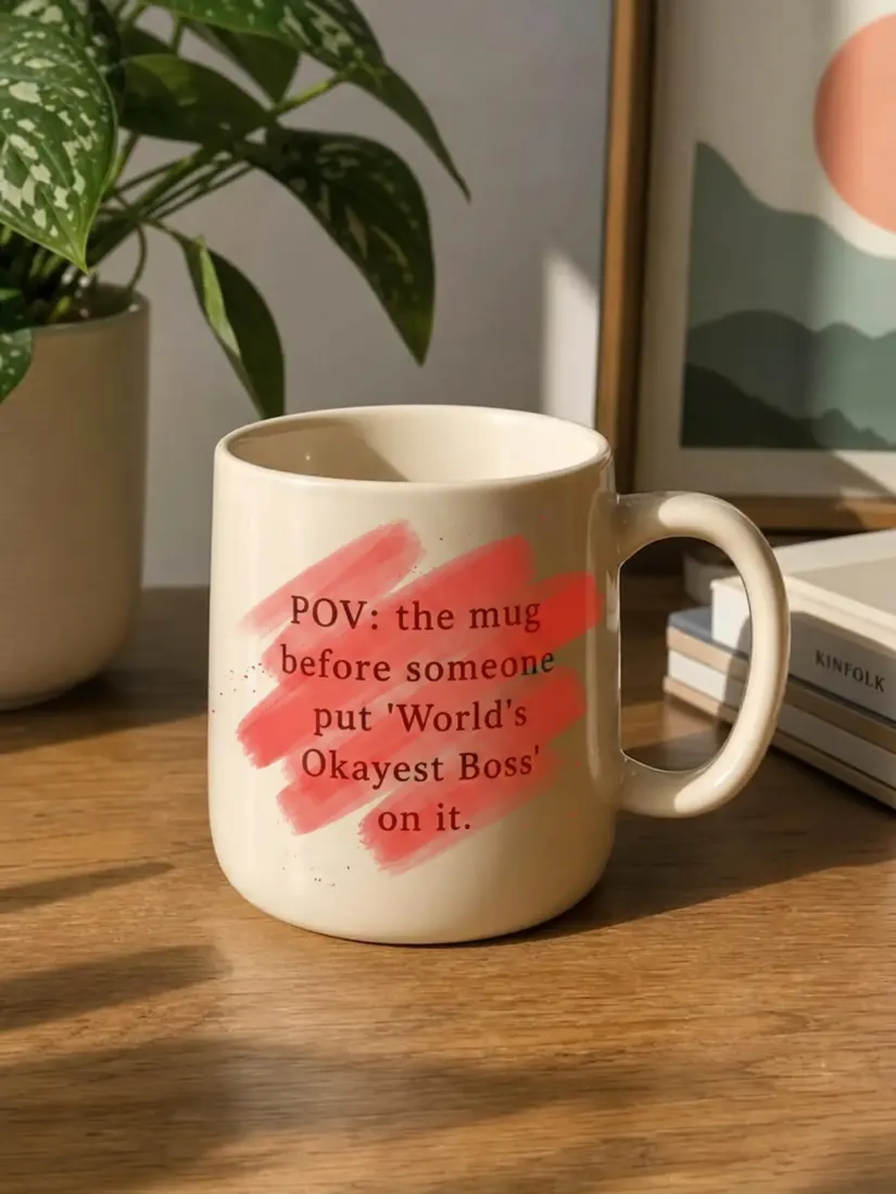 A beige mug reads 'World's Okayest Boss,' before the Text Remover tool erases the printed text.