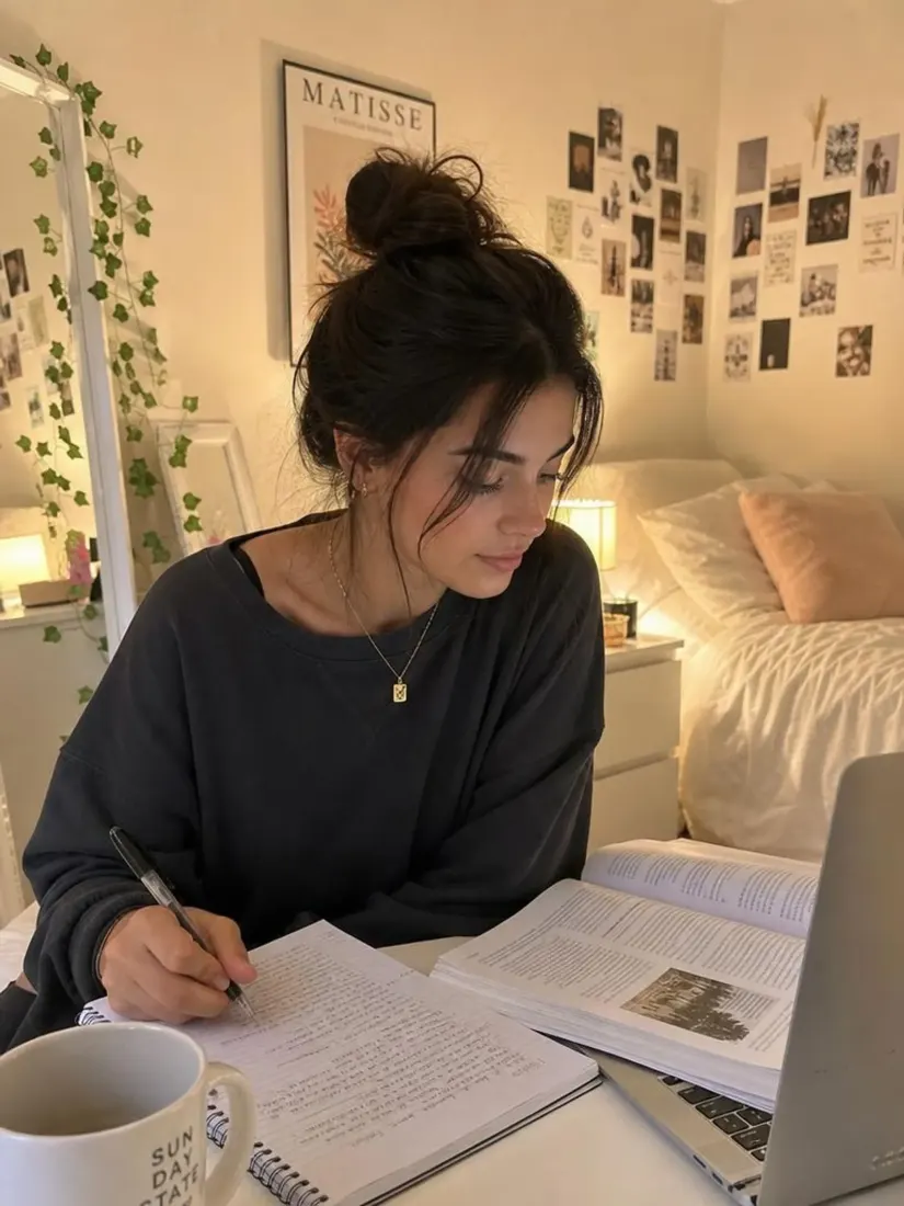A woman sits cross-legged writing at a desk in a cozy bedroom, before the 3D Diorama Generator shrinks the scene.