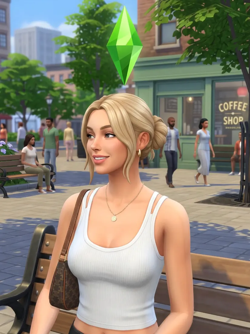 A woman is rendered as a stylized 3D game character on a city street, created by the 3D Sim Filter tool.