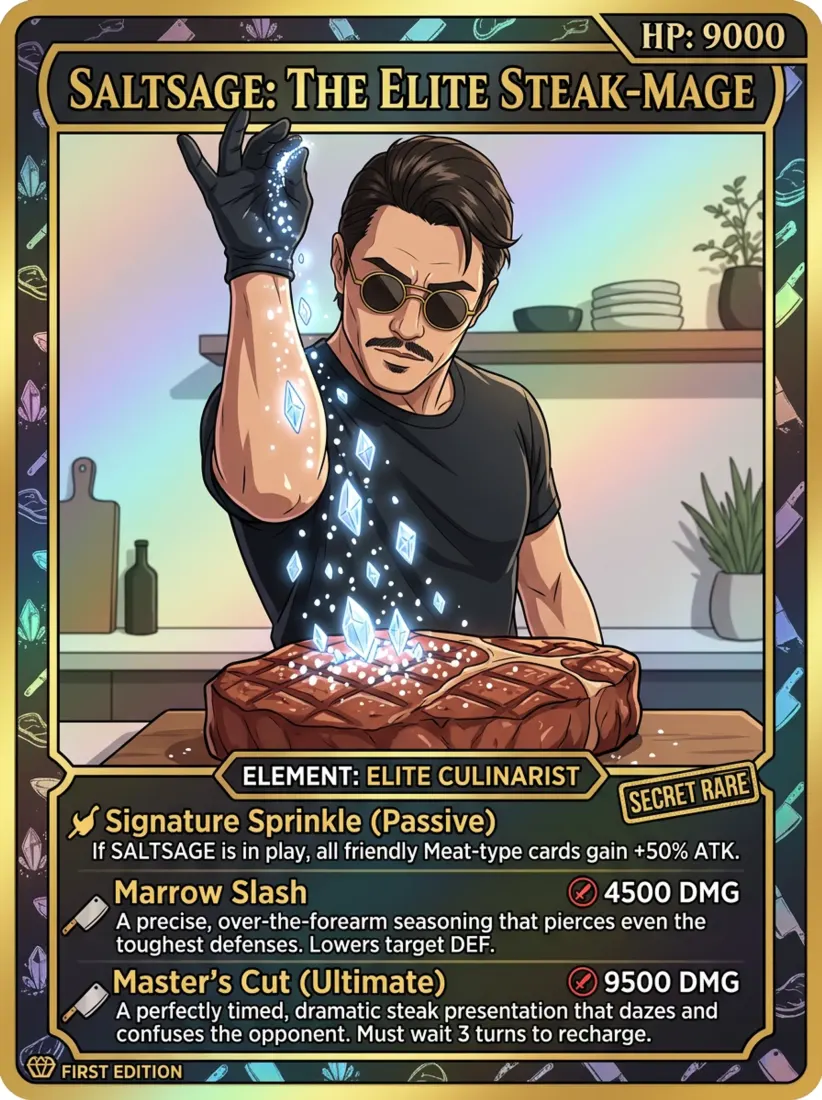 A man seasoning a steak becomes the anime trading card 'Saltsage: The Elite Steak-Mage,' made by the Trading Card Generator.