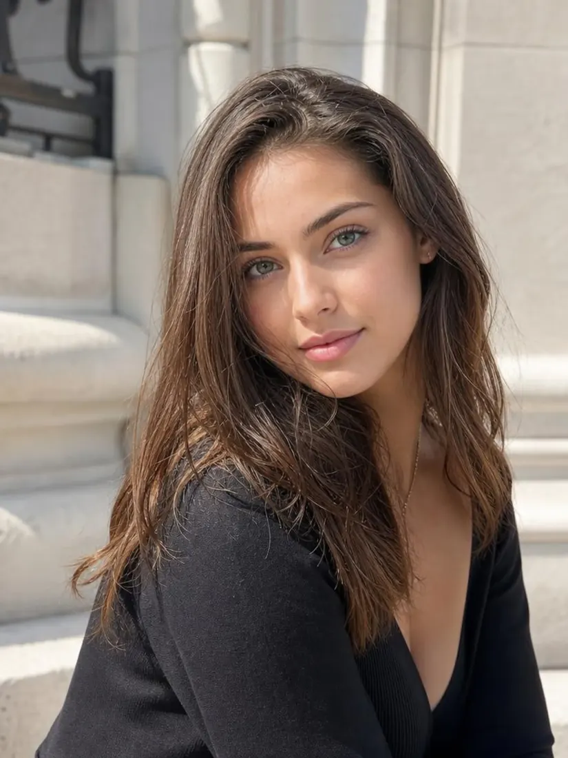A woman with brown hair poses outside a building on dry land, before the Underwater Filter submerges the scene.