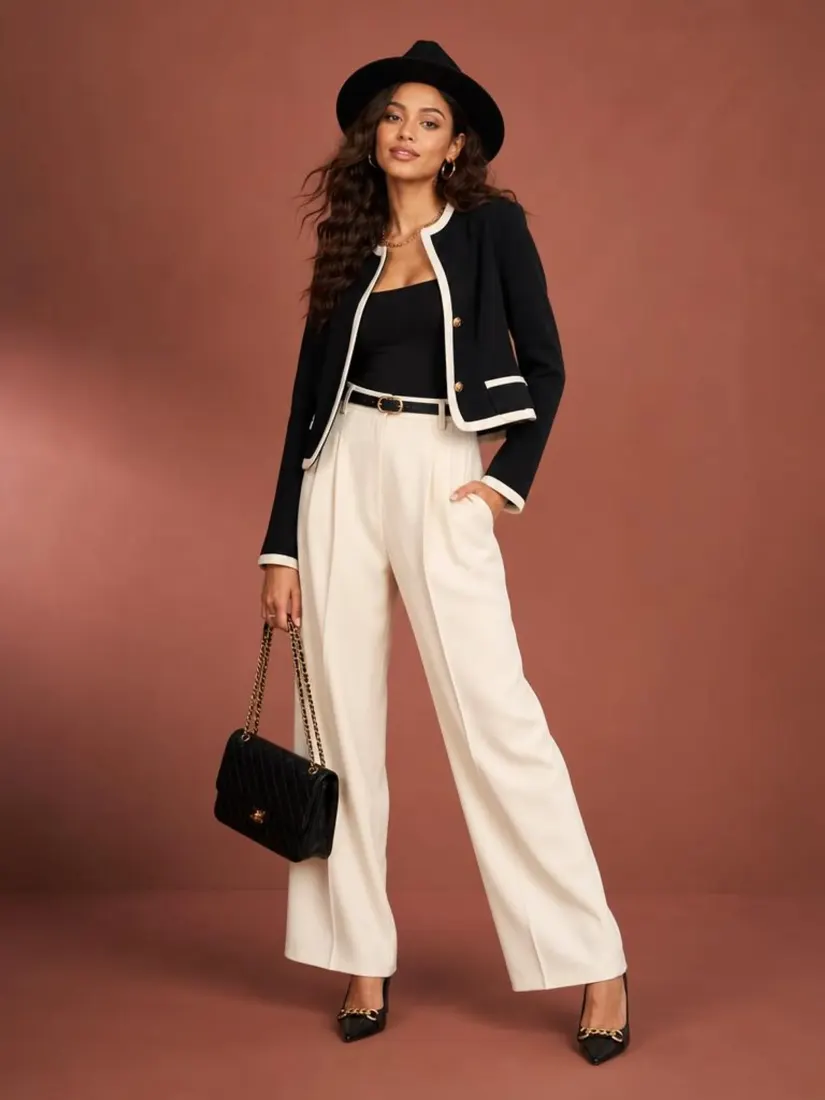 A woman poses in a black jacket and white trousers, before the AI Wardrobe Label tool tags each clothing item.