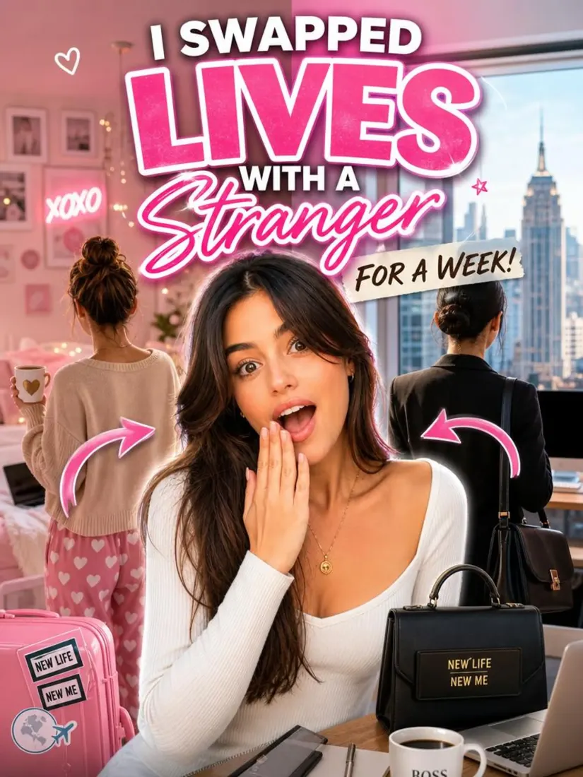 A woman's cafe photo becomes a bold YouTube thumbnail titled 'I Swapped Lives With a Stranger,' made by the YouTube Thumbnail Generator.