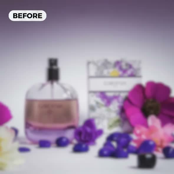 A poster for the Unblur Sharpen tool showing a product photograph before or after sharpening.
